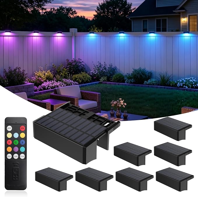 Solar Fence Lights Outdoor Waterproof with Remote 8 Pack, Solar Lights for Fence with Warm White & RGB 9 Colors, 60 Lumen 5-LED Solar Powered Wall Light for Backyard, Railing, Deck,Stairs, Step Decor