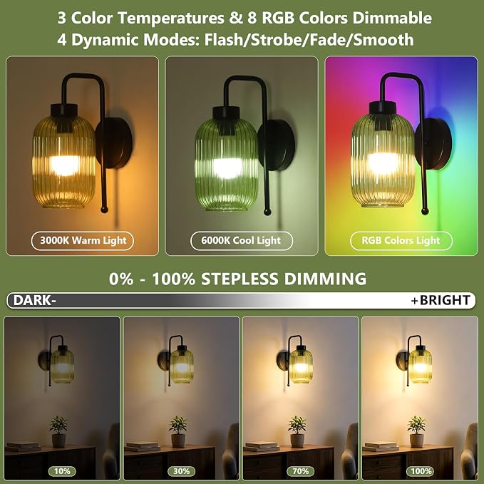 Black Wireless Sconces Set of 2 with Green Stripe Glass Shade, Battery Operated Wall Sconces with Remote and Dimmable Bulb, Vintage Rechargeable Cordless Wall Lights For Bedside Living Room Bathroom
