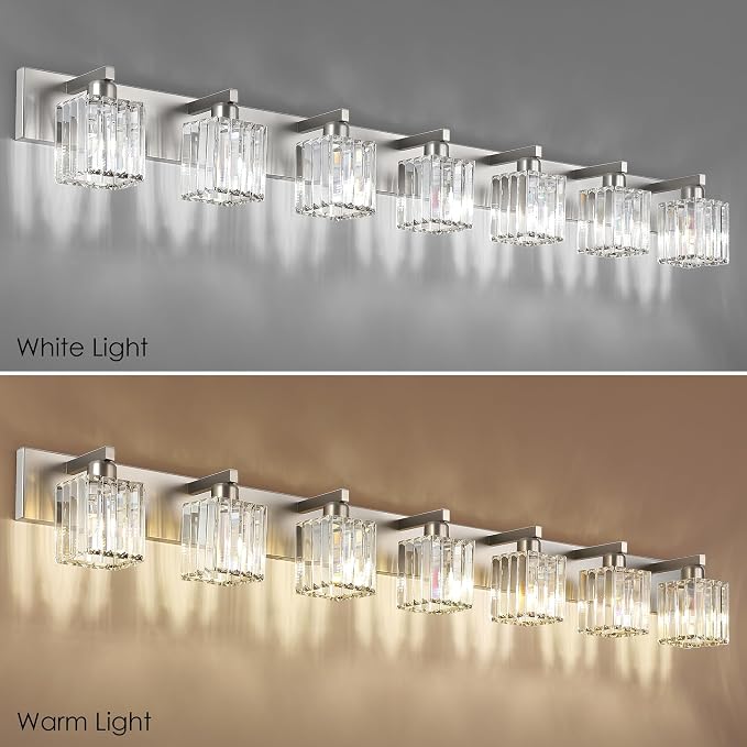 Aipsun Brushed Nickel Bathroom Light Fixtures Crystal Vanity Lighting Fixture Modern Bathroom Vanity Light 7 Light (Exclude Bulb)
