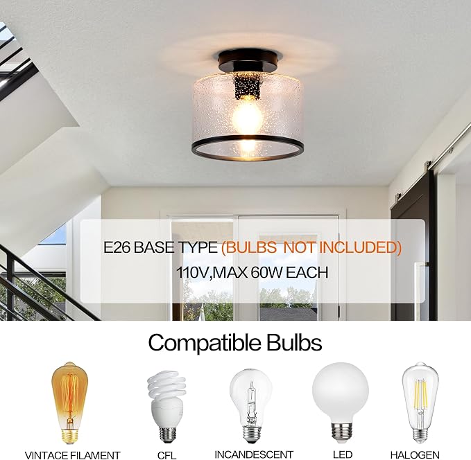 Zlepmlla Modern Flush Mount Ceiling Light, Seeded Glass Ceiling Light Fixture, Black Light Fixture for Hallway, Bedroom, Entryway, Kitchen，Living Room