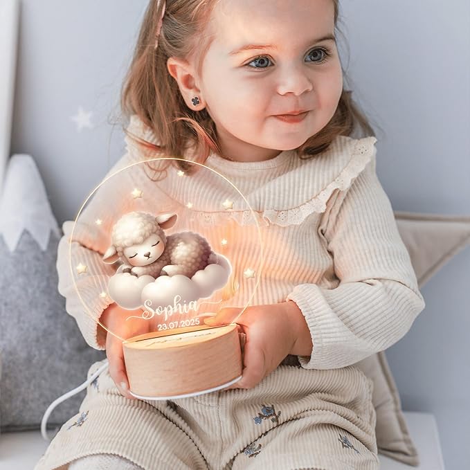 Personalized Sleeping Animals Night Light for Kids, Custom Name and Date LED Light with Wooden Base Nursery Decor Christmas Gift for Kids