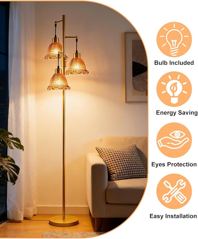 Lightdot Glass Floor Lamps for Living Room, 3-Light Dimmable Floor Lamp with Rose Red Glass Shade& E12 Bulbs Included, Mid Century Standing Tall Lamp with 5Lbs Heavy Base for Bedroom/Sofa Beside-Gold