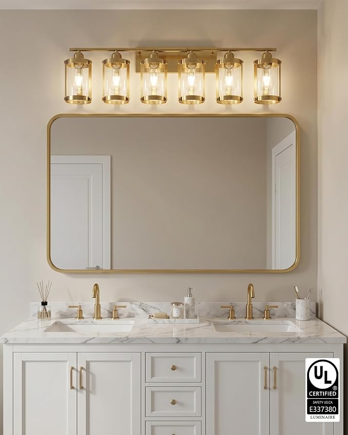 6-Light Brushed Gold Bathroom Light Fixtures Over Mirror with Clear Glass and Metal Cage Shade, 42" UL-Listed Modern Farmhouse Wall Sconce for Bath, Hardwire E26, OS-3014BG-6W