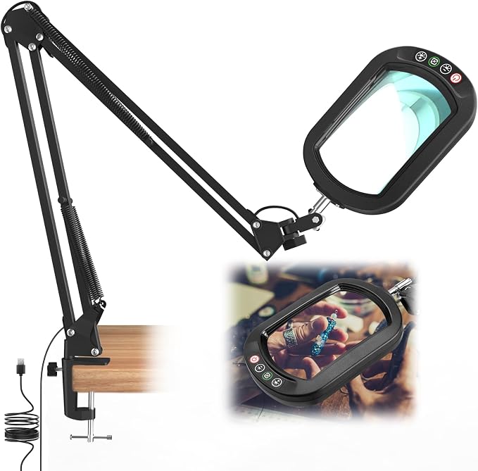 IVMAIE 12X Large Magnifying Glass with Light, Real Glass, 5 Color Modes Stepless Dimmable Magnifier with Stand, LED Lighted Clamp Desk Lamp with Swing Arm, Hands Free for Reading Crafts Close Work