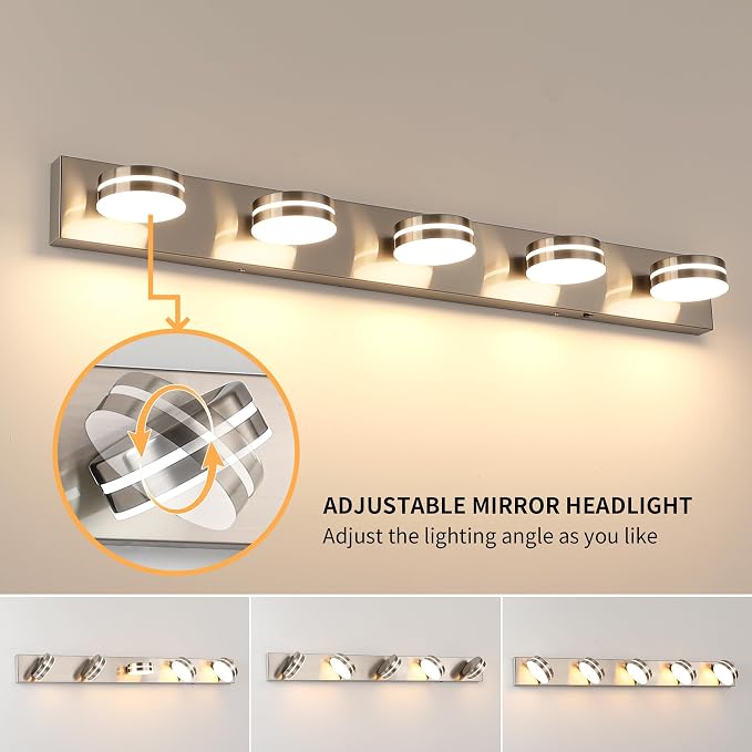 Brushed Nickel Bathroom Light Fixtures Over Mirror, 5-Light | LED Dimmable Bath Lights, Modern Wall Mounted Lighting Fixture with Rotating Lamp Head, Acrylic Metal, 5CCT 40.55in