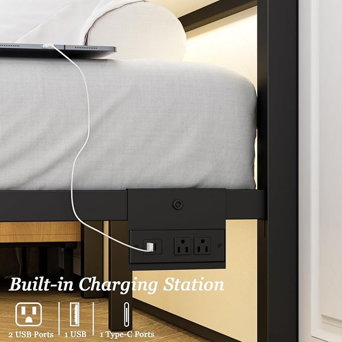 Jenmit Full Size Bed Frame with Charging Station & LED Lights, Metal Platform Bed Frame with Headboard and Footboard, Storage Space Under Bed, No Box Spring Needed, Noise Free, Easy Assembly, Black