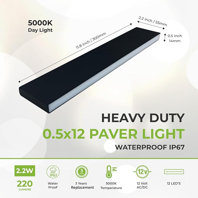 LUMENGY Paver Light Slim 0.5x12 Inch (0.55 x 11.8) 5000K Daylight Glare-Free Steel Lighting for Pavers, Brick, Driveways, Walkways & Pathways, Waterproof, Drive-Over, Hardwired 12V AC/DC