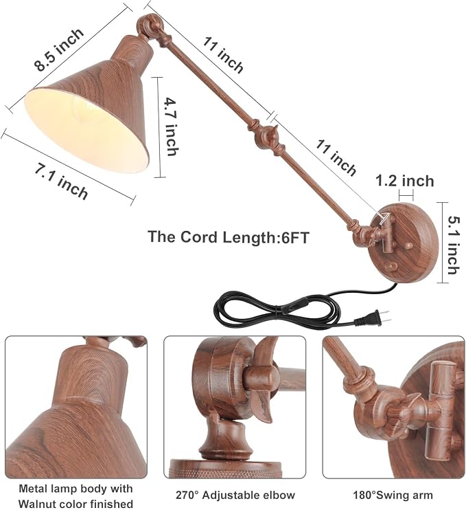 TRLIFE Plug in Wall Sconces, Dimmable Wall Sconces Set of 2 Plug in Swing Arm Wall Lights, Adjustable Wall Mounted Light Wall Lights with 6FT Plug in Cord, E26 Base(Two Arms, Walnut Color)
