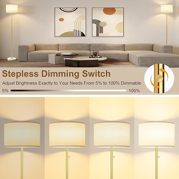 Gold Floor Lamps for Living Room–LED Bulb Included,Dimmable Floor Lamp with Linen Shade,Modern Standing Lamp with Marble Base,Tall Floor Lamp for Bedroom,Nursery,Reading & Office
