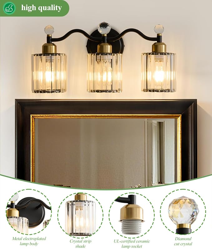Black&Gold Bathroom Vanity Light Fixtures Over Mirror,3-Light Crystal Bathroom Light Fixtures,Vanity Light Fixtures Over Mirror,Wall Sconce with Clear Crystal Glass Shade, Kitchen, Living Room