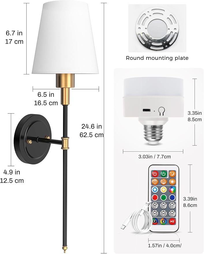 Battery Operated Wall Sconce: Set of 2 Wireless Wall Light 12000mAh | 15 Color Rechargeable Wall Sconces, Sconce Wall Decor Set of 2 for Bedroom, Living Room, Gold and Black, 24.6in