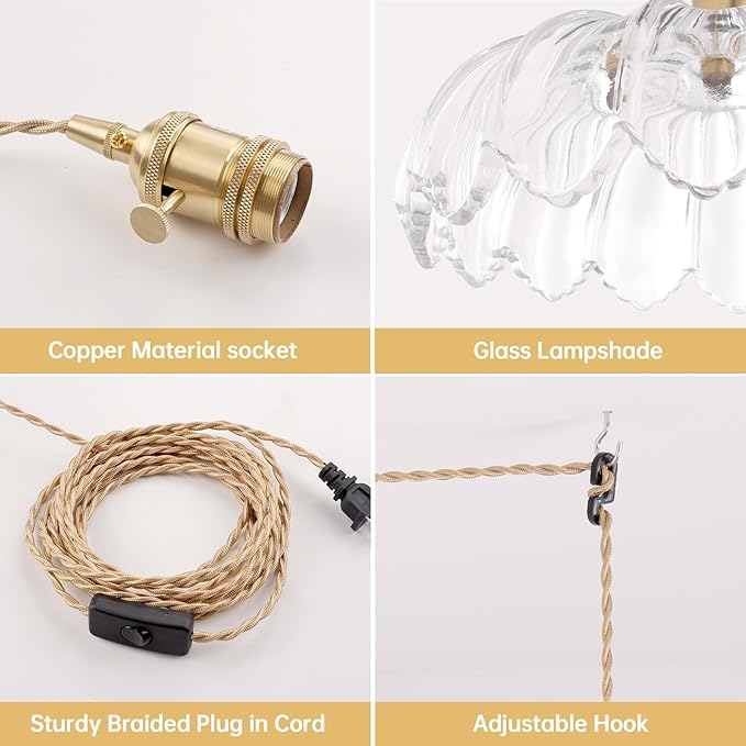 Plug in Pendant Light Hanging Light Fixtures with Plugin Cord On/Off Switch,Clear Scindapsus Glass Lampshade Brass Pendant Light