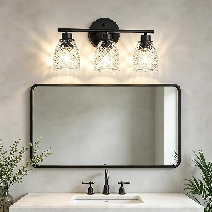 3-Light Vanity Light Over Mirror, Black Bathroom Light Fixtures | Modern Farmhouse Wall Lamp with Hammered Glass Lampshade for Kitchen Hallway Bedroom Living Room Cabinet Porch-18.1IN