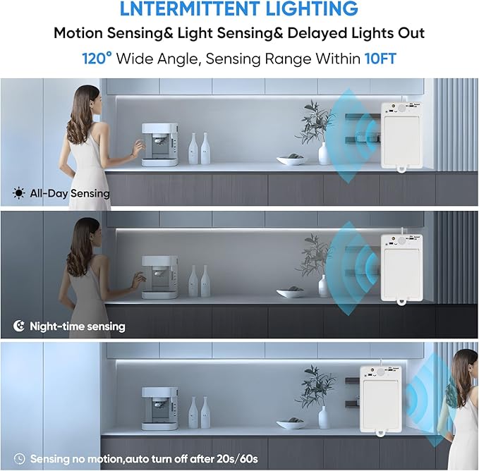 OMIKA COB Rechargeable LED Strip Light, 6.56ft 640LEDs 6000K Cool White Battery Powered LED Strip Light, Closet Lights Motion Sensored, Under Cabinet Lights for Bed, Locker, Wardrobe, Shelves