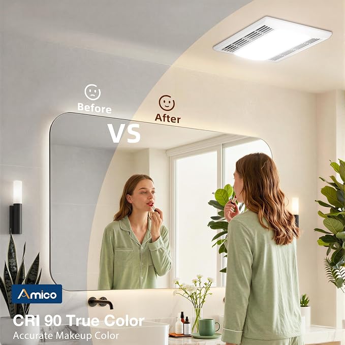 Amico Bathroom Exhaust Fan with LED Light, 110 CFM, 1.0 Sones, 5CCT, 90 CRI | 1000LM, Ceiling Mount Shower Ventilation Fan, No Attic Access Needed, 4 Inch Duct, 9.4'' x 9.4'' Ceiling Opening, ETL & FCC