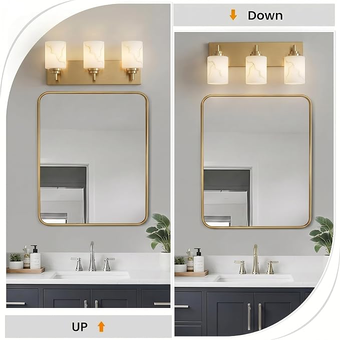 3-Light Bathroom Light Fixture, Gold Modern Vanity Light with White Marble Glass Shade, for Bathroom Mirror, Living Room, Bedroom, Hallway, E26 Base, Extended Base