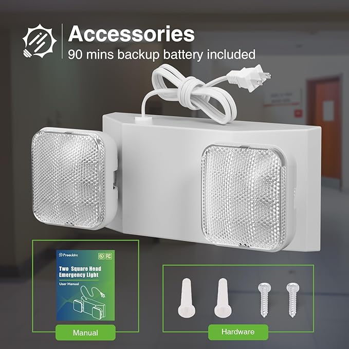 FREELICHT 6 Pack Emergency Lights with Battery Backup, AC 120V, Two Head Adjustable, LED Emergency Square Lighting Fixture for Business Commercial Use with 4FT Plug in Cord, UL Listed