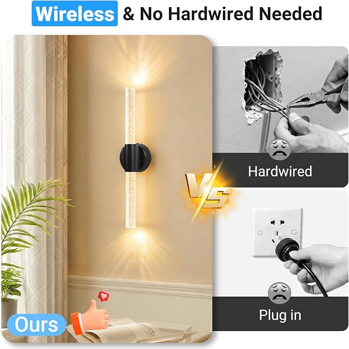 VerRon Peel and Stick Rechargeable Magnetic Wireless Wall Sconces Set of 2 | Long Picture Vanity Wall Lamps with Remote&Touch Control, 3CCT&Dimmable Battery Operated Sconces for Bedroom Living Room
