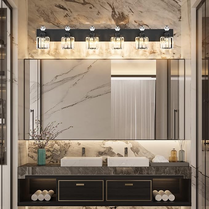 PRESDE 6-Light Crystal Bathroom Lights Fixtures Modern Matte Black Bathroom Lights Fixtures Over Mirror Bath Wall Lighting