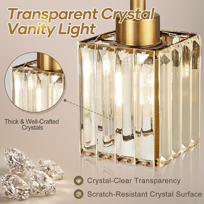 Torondo Modern Crystal Bathroom Vanity Light 3-Light Brushed Gold Bathroom Light Fixtures Over Mirror Brushed Gold Vanity Lighting Fixtures Square Shade Brass Wall Sconce (Bulbs Not Include)
