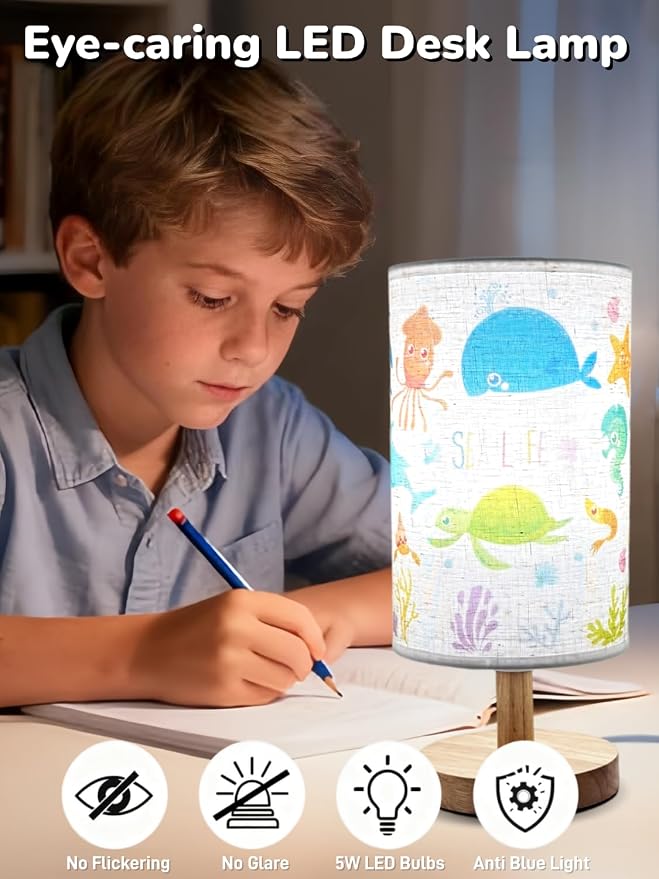 Ocean Lamp,Ocean Kids Table Lamp for Bedroom Bedside Lamps,Gifts for Sea Lovers-3 Color LED Nightstand Night Light with Cartoon Flaxen Fabric Shade Desk Lamp for Girls Boys Room Nursery Decor