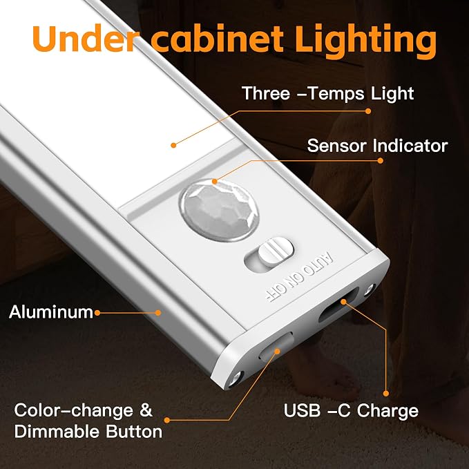 15.75 inch Under Cabinet Lighting, 4 Pack Magnetic Closet Lights | Motion Sensor, 74 LED, 3 Color Temperature, USB-C Charging, Durable and Easy-to-Install, for Staircases, Wardrobes