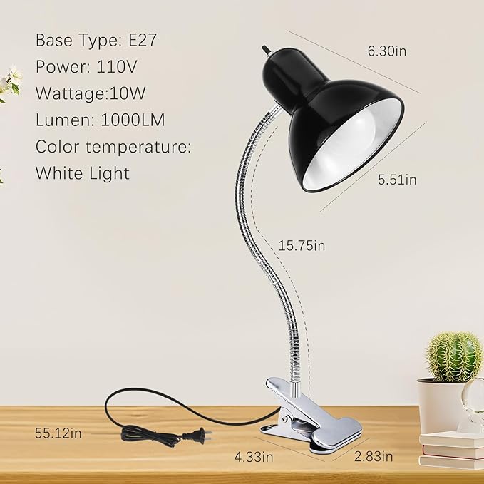 Desk Lamp, Eye Protection Clip on Light, LED Clamp Lights, Adjustable Clip Lamp, for Bedroom and Dorm Study, Late-Night Reading, Cramming for Exams Small Areas Lights, White Light