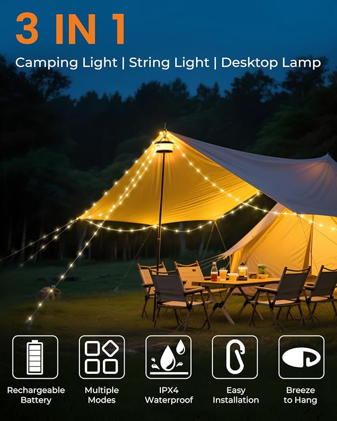 2-Pack Camping String Lights, Retractable 4 in 1 Camp Lights | 32.8FT Rechargeable Fairy Lamp Outdoor Waterproof, RGB Portable Hanging Lantern for Outside Tent Patio Awning RV Essentials