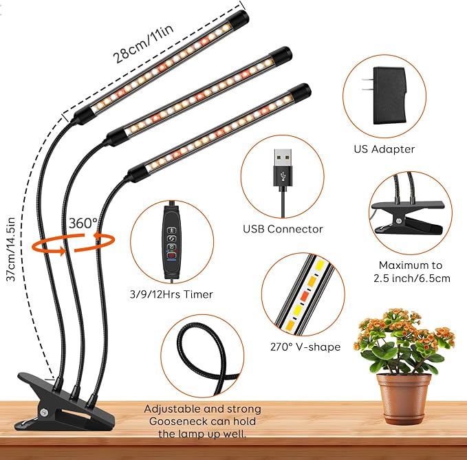 Grow Lights for Indoor Plants,Full Spectrum Grow Lamp,Timer & 10 Dimming | 2 Pack, 3 Spectra, 10 Brightness, Auto Timer 3/9/12H, 380-780nm Full Spectrum,10ft USB Cable for Succulents,Seedlings