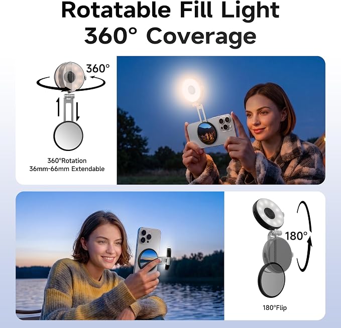 7RYMS 7Lite L1 Magnetic Selfie Light for MagSafe iPhone, LED Fill Light | CRI95 Lighting, 360° Rotation and Built-in Mirror. Magnetic Mount for Selfies, Video Call, Streaming and Photography (Black)