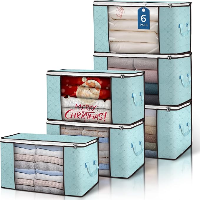 90L Large Storage Bags, 6 Pack Clothes Storage Bins Closet Organizers | Foldable Storage Containers, with Reinforced Handle, for Clothing, Blanket, Comforters, Bed Sheets, Pillows and Toys