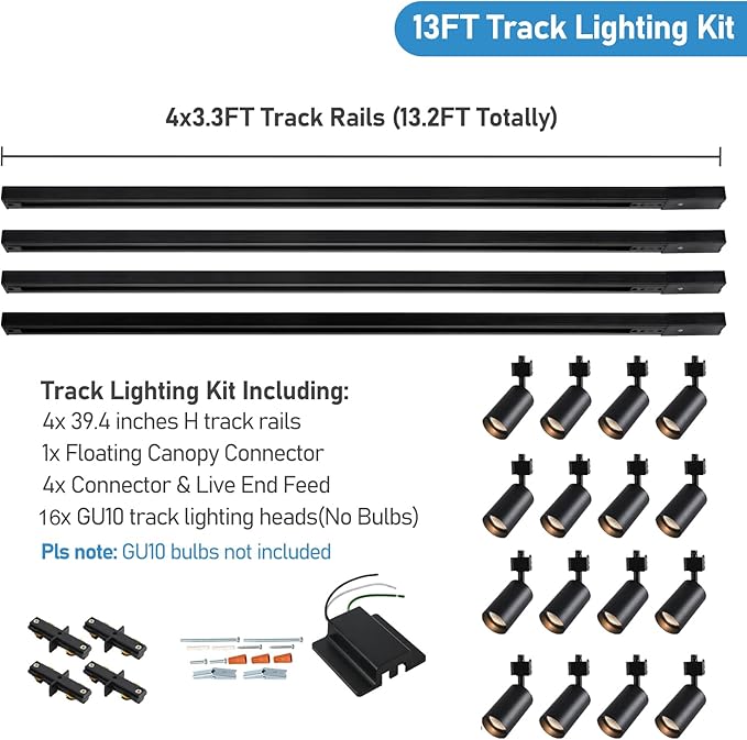 16 Lights LED Track Lighting Kit with 13FT H Track Lighting Rails & Floating Canopy Connector, GU10 Track Light Kit Modern Kitchen Track Lighting Fixtures Ceiling Spot Light, Black - No Bulbs