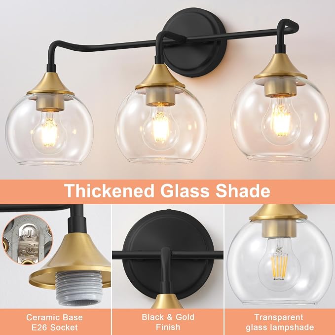 Bathroom Light Fixtures 3-Light Black and Gold Vanity Light 22" | Farmhouse Bathroom Lights, Thickened Clear Glass Shade, UL E26 Dimmable Vanity Lighting Fixtures Over Mirror