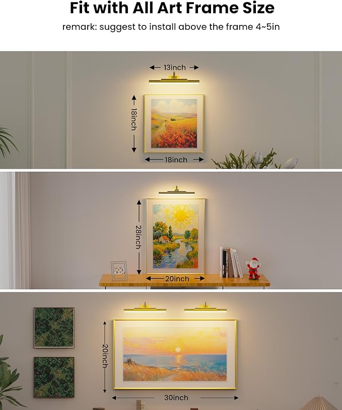 Picture Light for Wall Battery Powered Wireless 13in Gold | 4400mAh Rechargeable,CRI 95+ Dimmable,3 CCT Remote Wall Sconce, 250° Rotatable, Art Light for Paintings Photos Dartboard