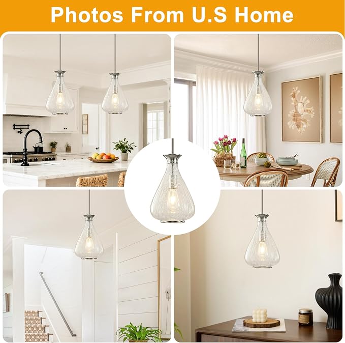 Modern Pendant Lights Kitchen Island, 1 Pack Brushed Nickel Pendant Light Fixtures with 8.5" Clear Crack Glass Shade, Industrial Hanging Pendant Lights Fixture for Kitchen Island Dining Room Entryway