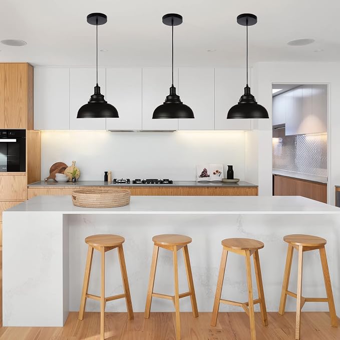 Black Dome Metal Pendant Lights - Hanging Ceiling Fixture for Industrial, Farmhouse Kitchen Island, Dining Room, Foyer (3 pack)