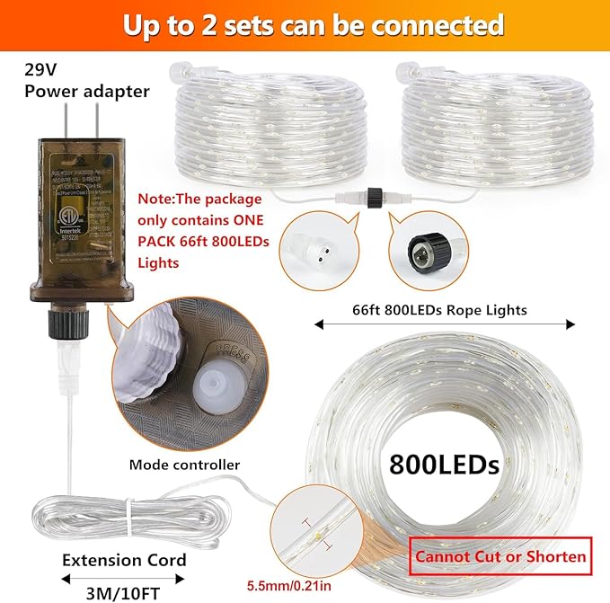 OMIKA Connectable 66FT 800 LED Thin Rope Lights Outdoor, Warm White Fairy Lights Plug in, Outdoor String Light Waterproof Decorative Lighting for Deck Patio Yard Garden Pathway Camping Indoor Decor