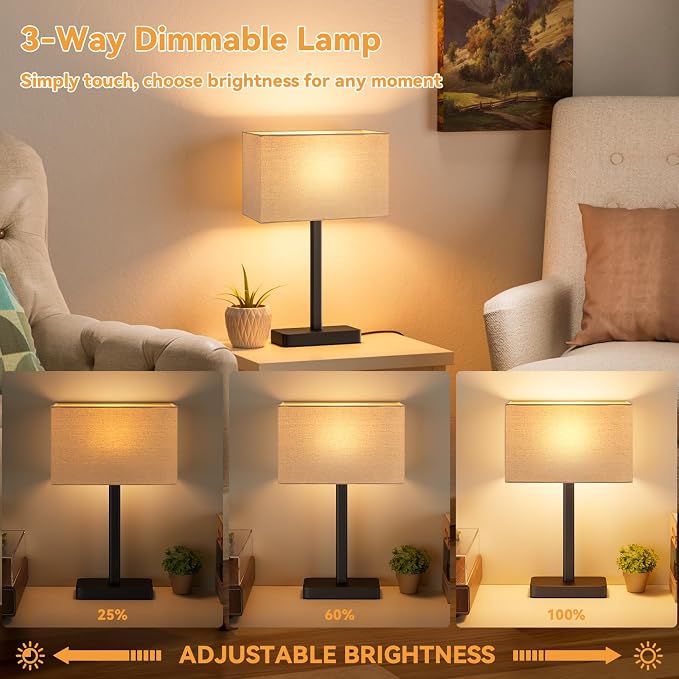 Hong-in Touch Lamps for Bedroom - 3-Way Dimmable Bedside Lamps Set of 2 with USB C+A, Beige Modern Table Lamp for Night Stands, Desk Lamp for Living Room Nightstand End Tables Bed Side