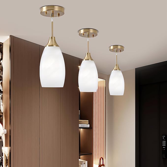 Viinew 4.72" Glass Pendant Light,3-Pack White Oval Glass Hanging Light | Handblown White Swirl Hanging Pendant Lamp Mini Art Glass Chandelier for Kitchen Dining Room Brushed Gold