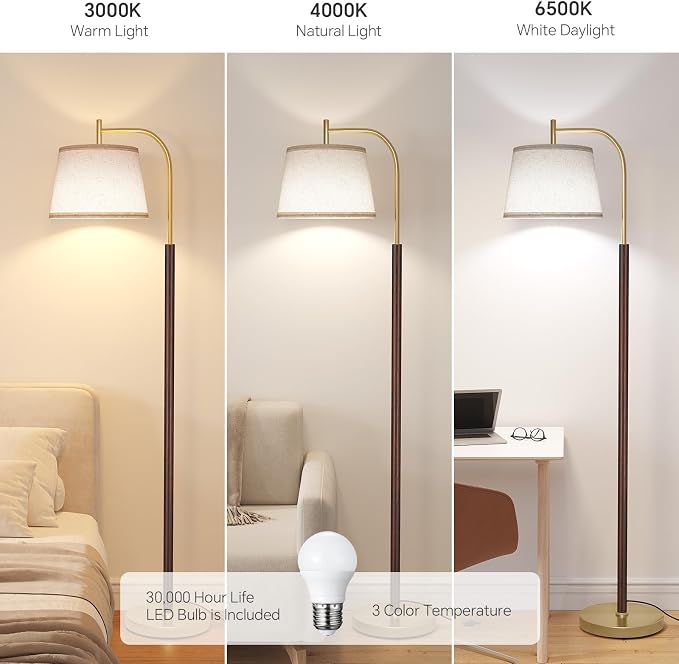 SUNMORY Wood Floor Lamp for Living Room, Mid Century Modern Standing Lamps | 3 Color Temperatures LED Bulb, Arc Floor Lamp with Adjustable Lampshade, Tall Reading Lamp for Bedroom, Corner, Office