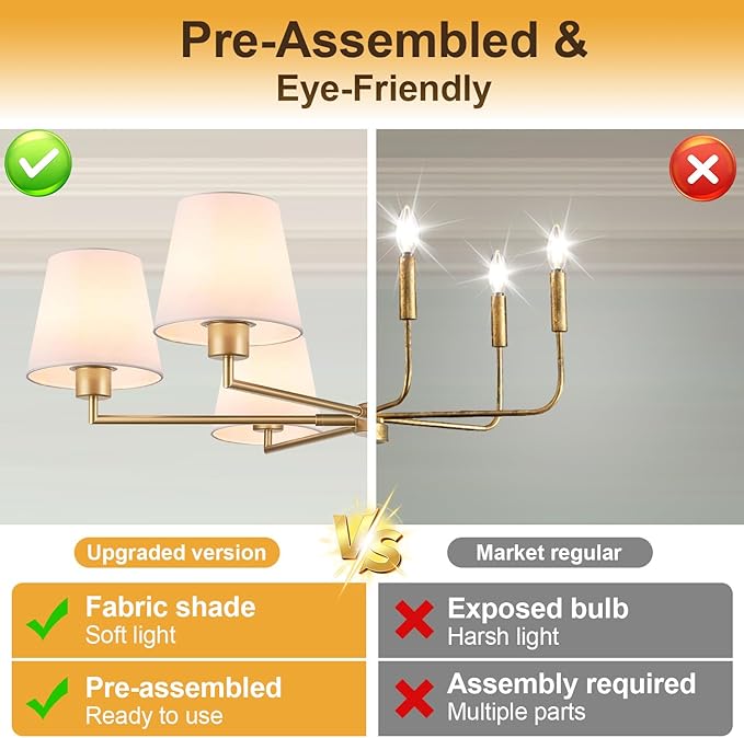 36" Gold Dining Room Light Fixture, No Assembly Required 6-Lights Kitchen Chandelier for Dining Room with White Fabric Shade, Chandelier Ceiling Light Fixture for Kitchen Island Bulb Not Included