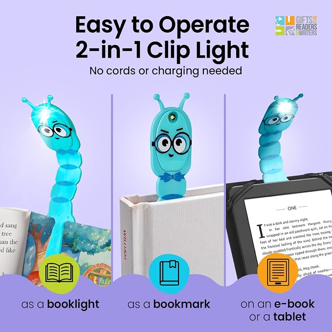 Gifts for Readers & Writers Book Light for Kids, Clip On Reading Light for Bed, 2in1 Flexilight Pals & Bookmark, Small & Lightweight with a Soft Glow, 2 Batteries Included, Bookworm Teal