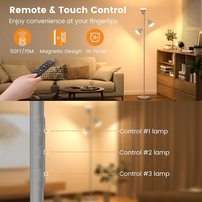 36W LED Tree Floor Lamp, Dimmable Tall Standing Lamp with Remote & Touch Control, 4 Color Temperatures Bright Floor Lamp, 3 Rotatable Light Modern Floor Lamps