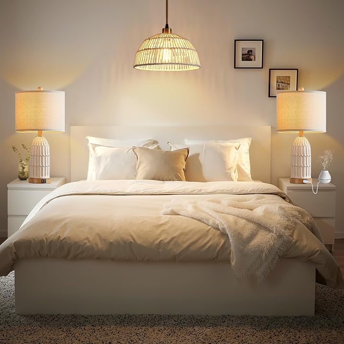 Farmhouse Table Lamps Set of 2,Nightstand Bedside Lamps for Bedroom | 3-Way Dimmable Touch Control,2 USB Charging Ports,Boho,White, Vintage, LED Bulbs Included, Living Room,End Table