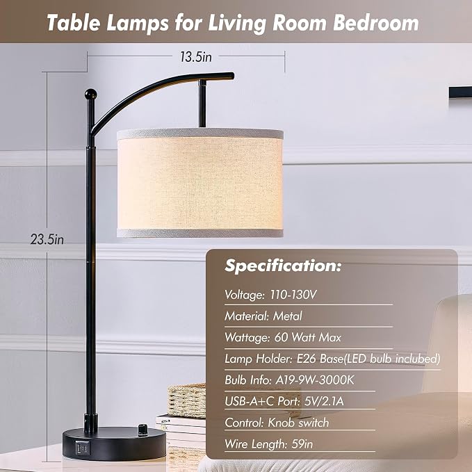 Table Lamp for Living Room Bedroom, 23.5" Table Lamps Set of 2 with USB C+A Ports, Bedside Lamps for Nightstand with Linen Lamp Shades, 2 Dimmable LED Bulbs Included, Black