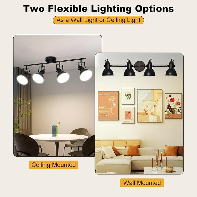 HiBay Track Lighting Fixtures Ceiling Black, Adjustable 4-Light Spotlight | Industrial LED Track Lights for Kitchen, Dining Room, Bedroom, E26 Base (Bulb Not Included)