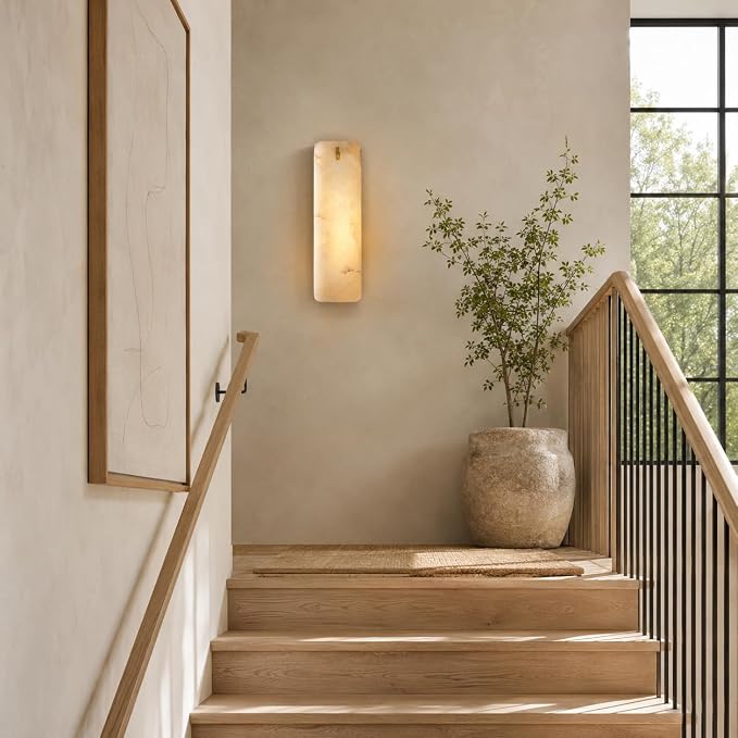 Rectangular Alabaster Wall Sconce 16 Inch, Natural Spanish Stone Brass Gold Wall Light, Modern Marble Sconces Dimmable E12 Hardwired Bathroom Vanity Light Fixture for Mirror, Bedroom, Hallway(1 Pcs)