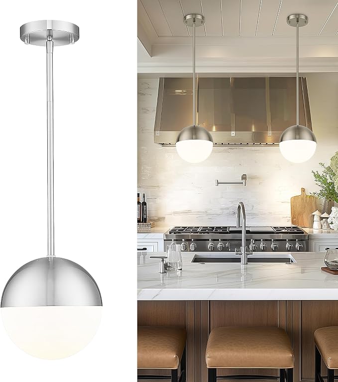 Brushed Nickel Pendant Lights Kitchen Island, 8" Modern Globe Pendant Light Fixtures with Milk White Glass, Adjustable Hanging Lighting for Kitchen Island Sink Bedroom Bathroom, LMS-203