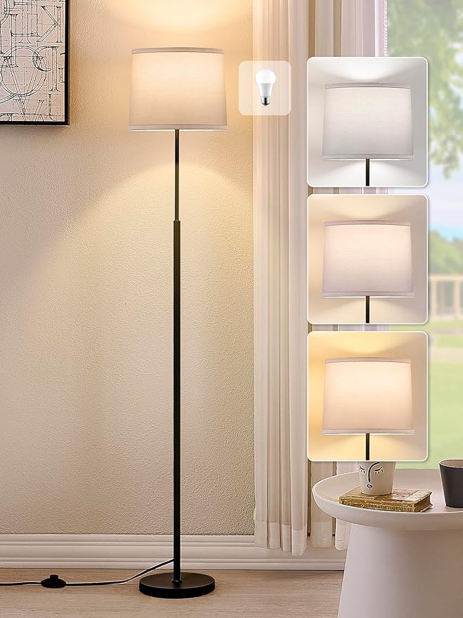 60" Modern Floor Lamp for Living Room Bedroom, Standing Lamp with White Linen Lampshade, Tall Lamp with A19 9W 3 Color Temperature Bulb, Foot Switch Control