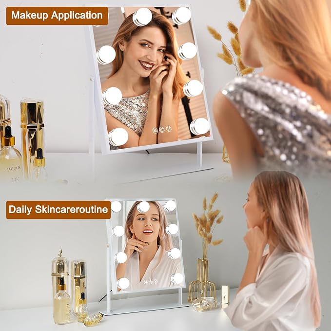 FENCHILIN Vanity Mirror with Light Lighted Makeup Mirror Vanity Smart Touch Control 3Colors Dimmable Detachable 10X Magnification Tabletop 360°Rotation(White)